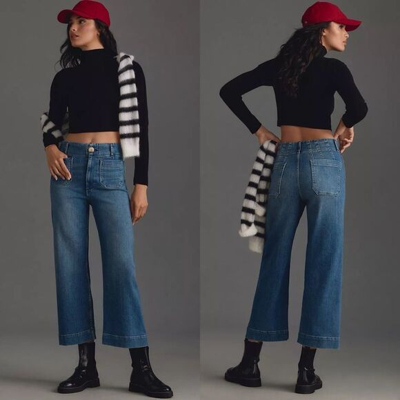 Anthropolgie Pilcro NWT The Skipper Cropped High-Rise Wide-Leg Jeans Med Blue 29 - Picture 1 of 16